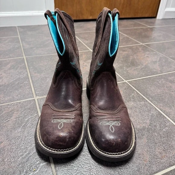 Ariat Brown Leather Western Heeled Boots with Turquoise Stitching - Picture 7 of 16